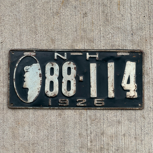 Photo of a 1926 New Hampshire License Plate Auto Tag Garage Decor Vintage Old Man of the Mountain 88 114 with original patina