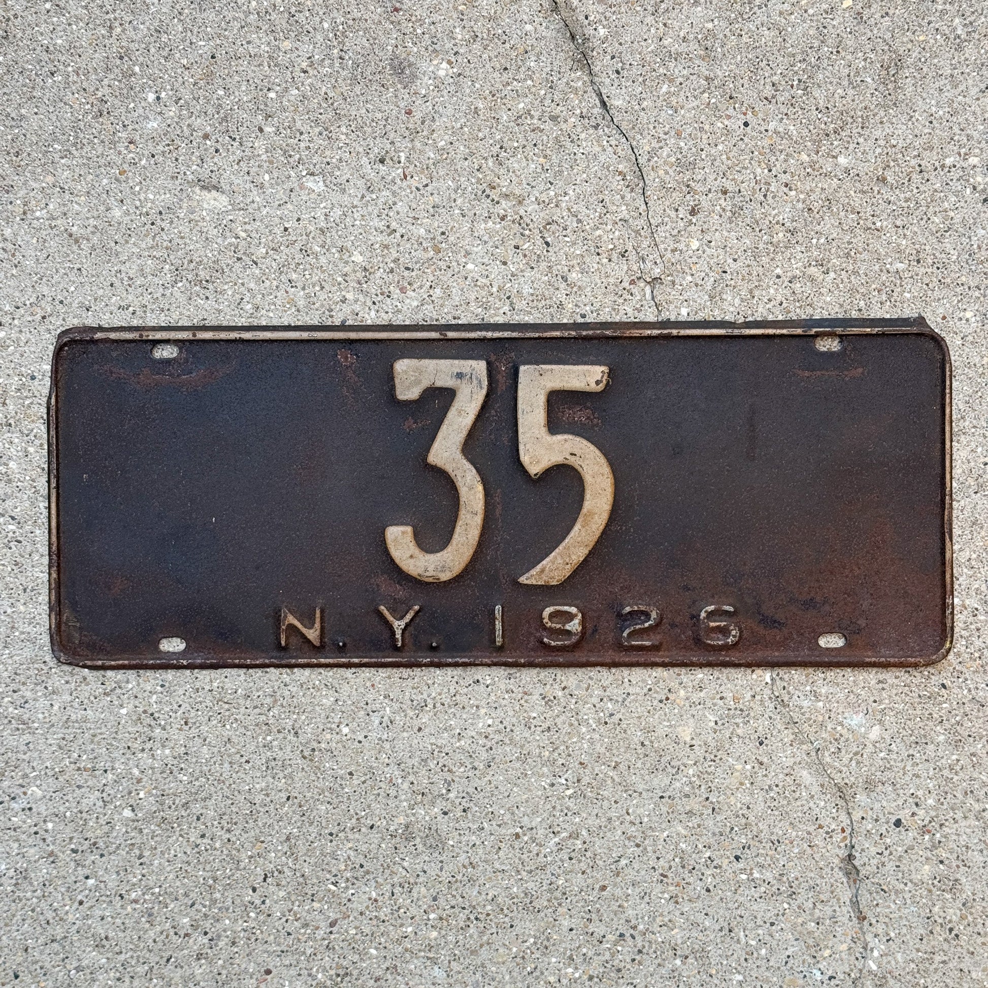 Photo of a 1926 New York State Official License Plate Auto Tag Garage Decor Vintage ALPCA Archive Example Politics Political Low Number Two Digit 35 with original patina