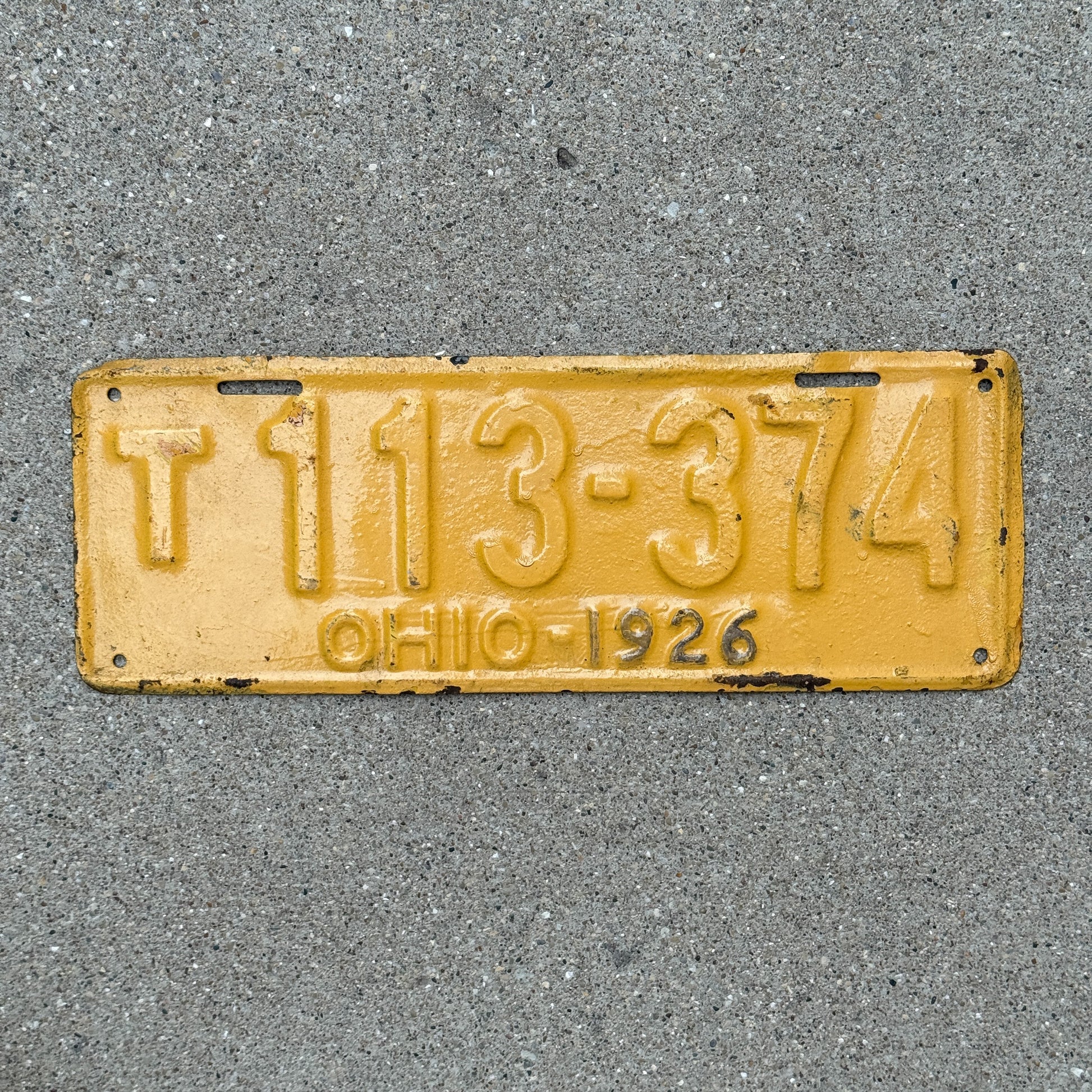 Photo of a 1926 Ohio Truck License Plate Auto Tag Garage Decor Vintage T 113 374 with original patina