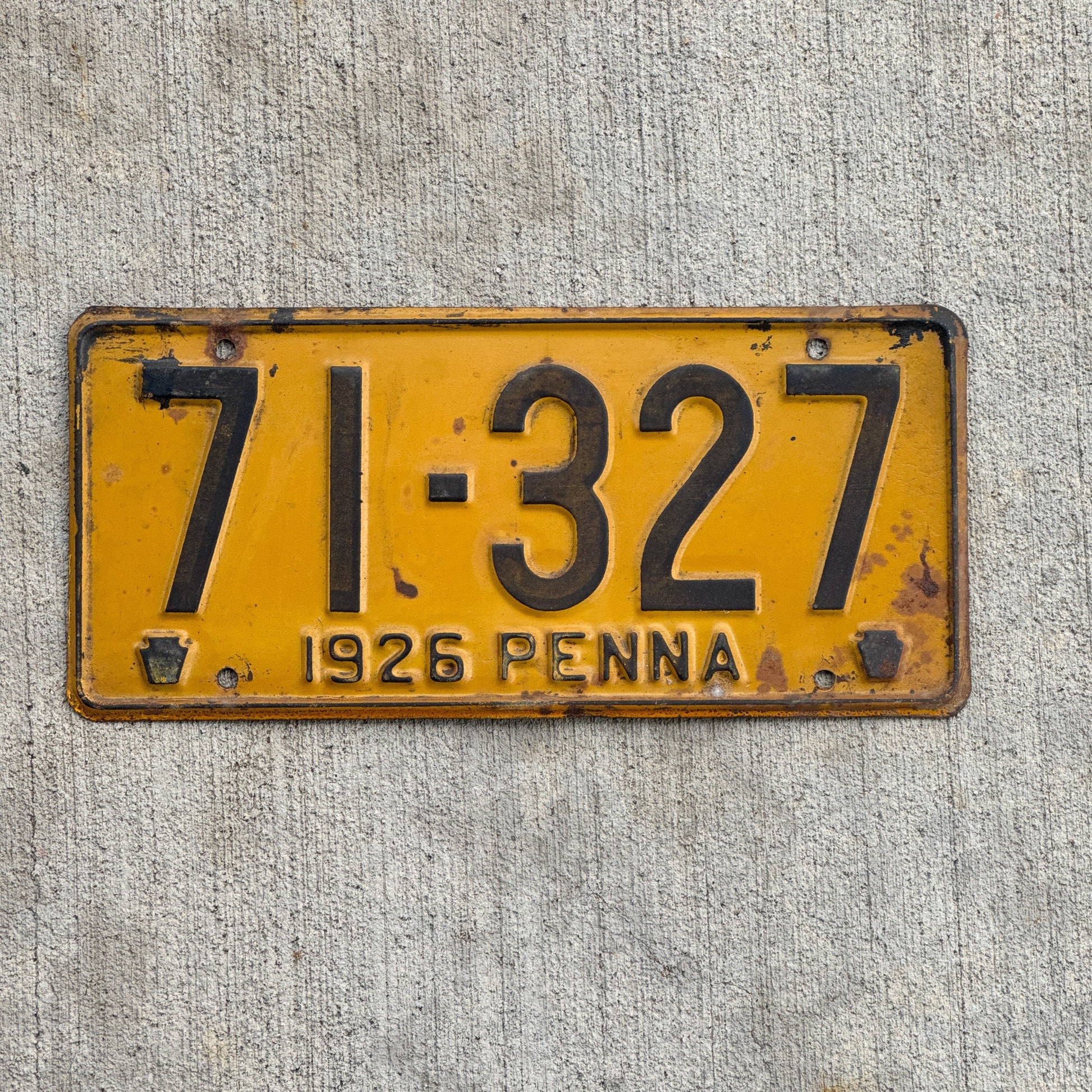 Photo of a 1926 Pennsylvania License Plate Auto Tag Garage Decor Vintage 71 327 with original patina