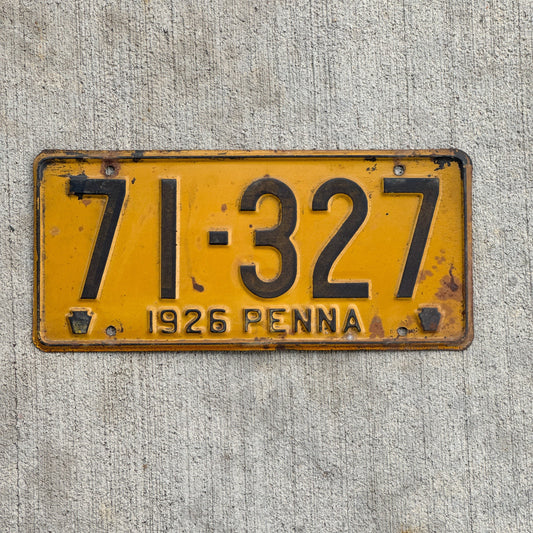 Photo of a 1926 Pennsylvania License Plate Auto Tag Garage Decor Vintage 71 327 with original patina