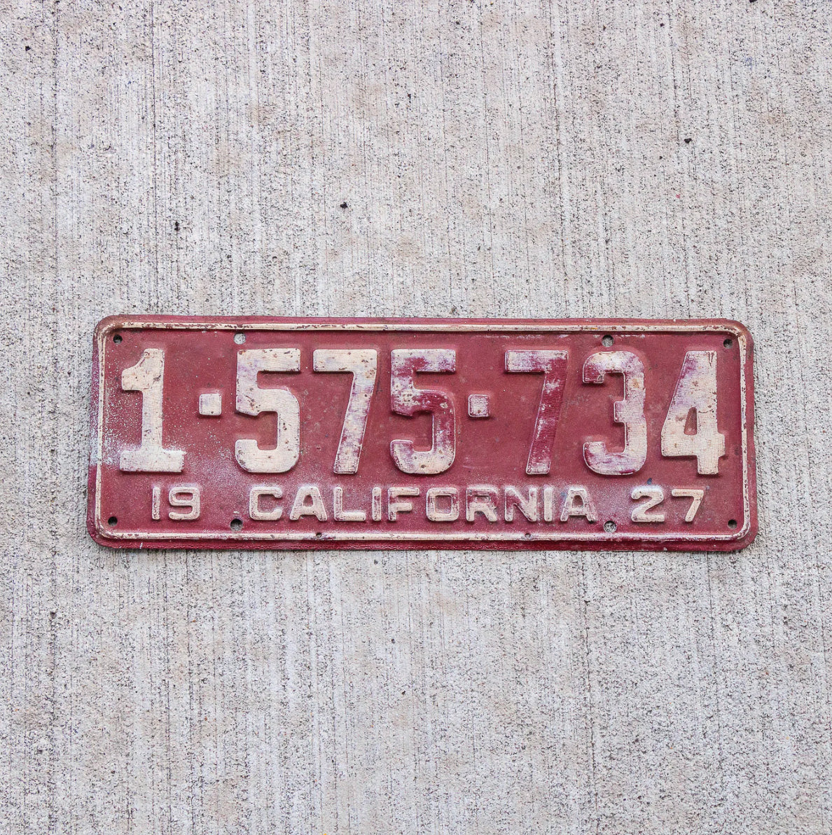 Photo of a 1927 California License Plate Auto Tag Garage Decor Vintage 1 575 734 with original patina