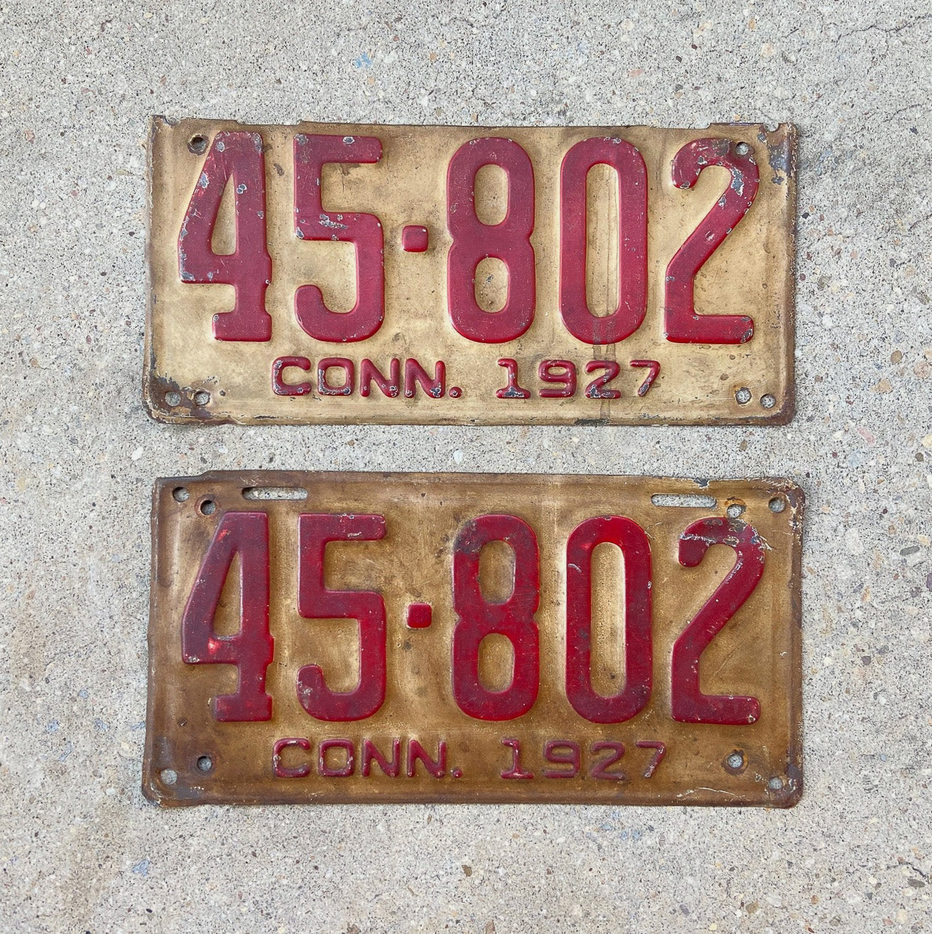 Photo of a 1927 Connecticut Commercial License Plate Pair Auto Tag Garage Decor Vintage 45 802 with original patina