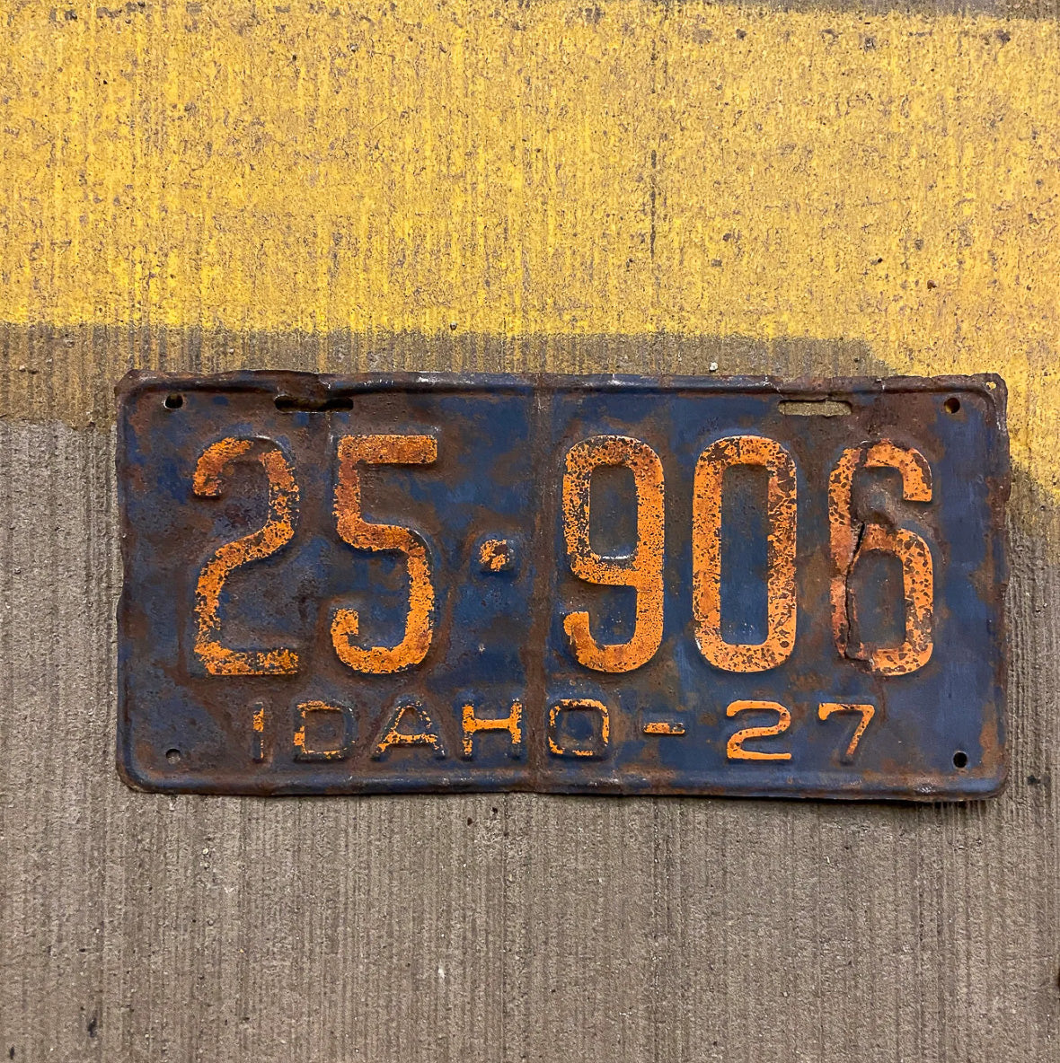 Photo of a 1927 Idaho License Plate Auto Tag Garage Decor Vintage 25 906 with original patina