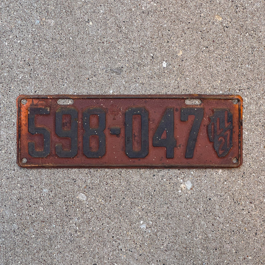 Photo of a 1927 Illinois License Plate Auto Tag 1 Garage Decor Iconic State Shape 598 047 with original patina
