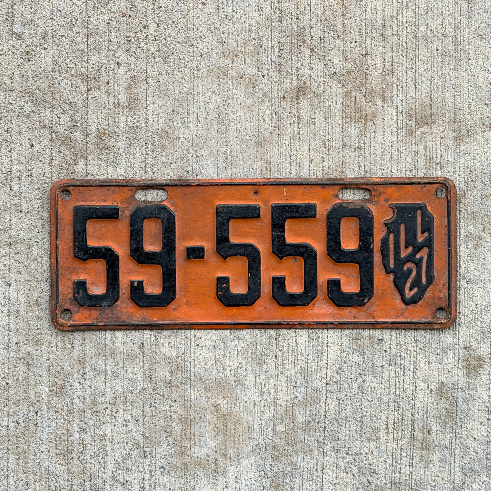 Photo of a 1927 Illinois License Plate Auto Tag 2 Vintage Garage State Shape 59 559 with original patina