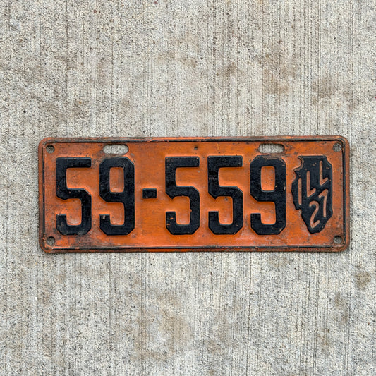 Photo of a 1927 Illinois License Plate Auto Tag 2 Vintage Garage State Shape 59 559 with original patina