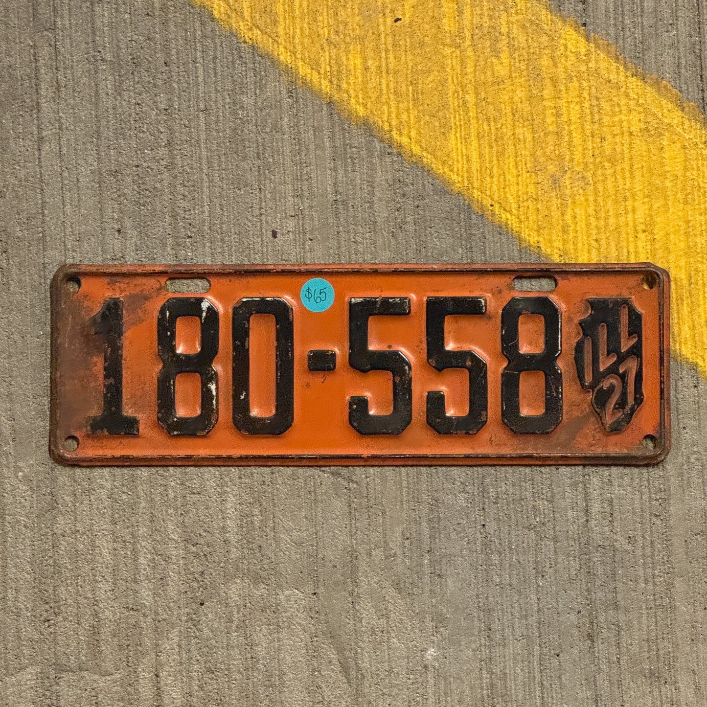 Photo of a 1927 Illinois License Plate Auto Tag Garage Decor Vintage Iconic State Shape 180 558 with original patina