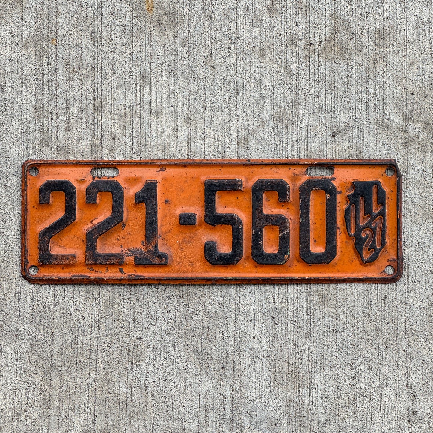Photo of a 1927 Illinois License Plate Auto Tag Garage Decor Vintage Iconic State Shape 221 560 with original patina
