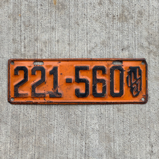 Photo of a 1927 Illinois License Plate Auto Tag Garage Decor Vintage Iconic State Shape 221 560 with original patina