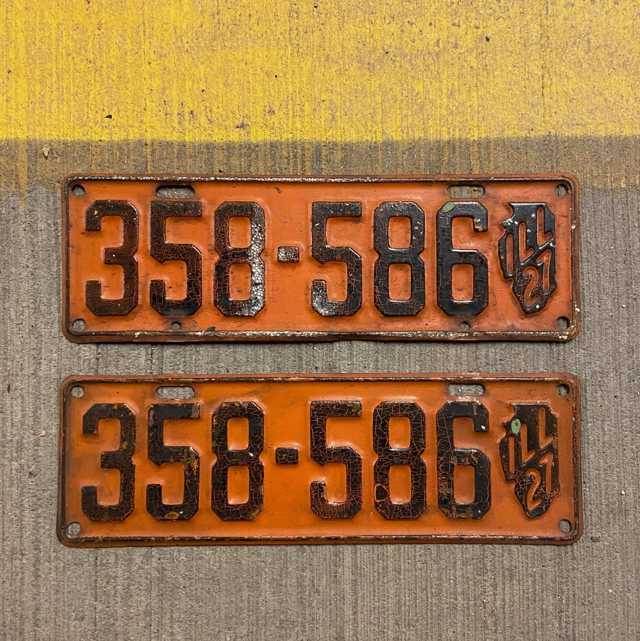 Photo of a 1927 Illinois License Plate Pair Auto Tag Garage Decor Vintage Iconic State Shape 358586 with original patina