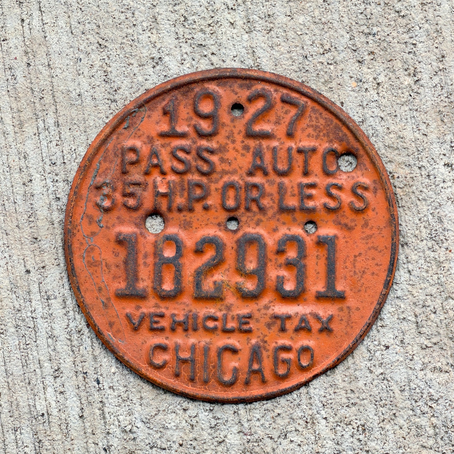 Photo of a 1927 Illinois Tax Tag License Plate Auto Tag Garage Decor Vintage 182931 with original patina