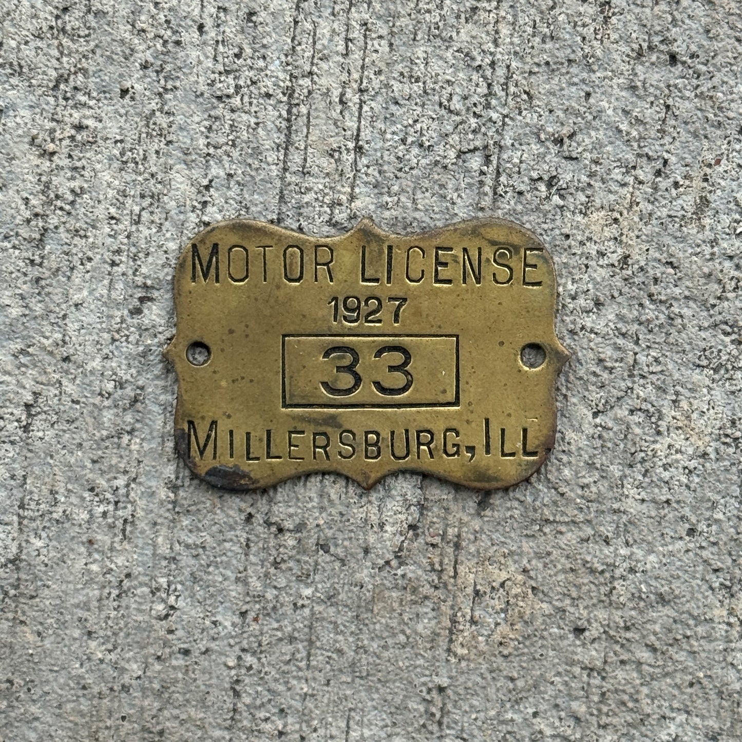 Photo of a 1927 Illinois Tax Tag License Plate Auto Tag Garage Decor Vintage Badge Low Number 33 with original patina