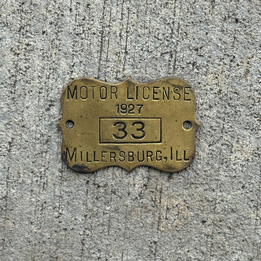 Photo of a 1927 Illinois Tax Tag License Plate Auto Tag Garage Decor Vintage Badge Low Number 33 with original patina