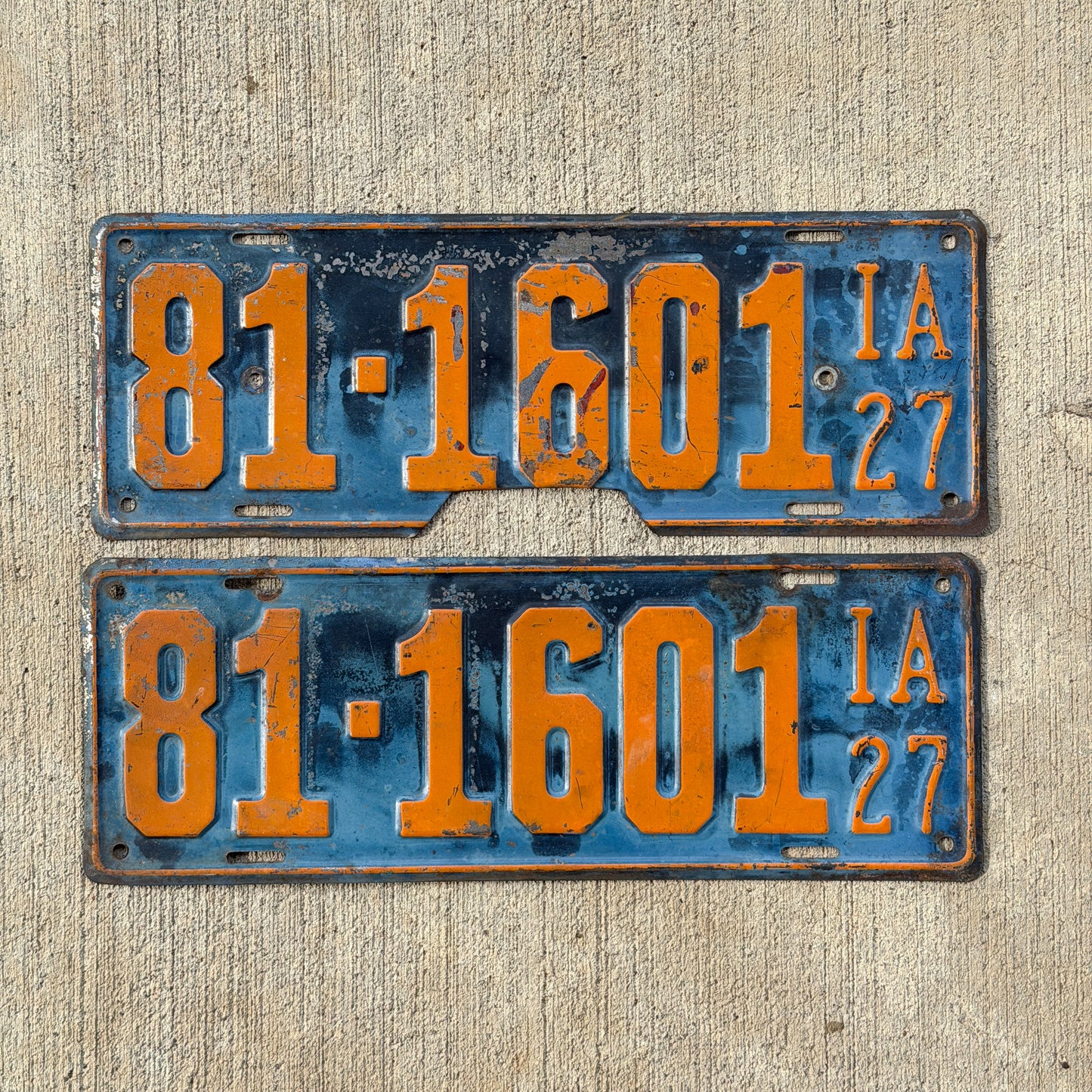 Photo of a 1927 Iowa License Plate Pair Auto Tag Garage Decor Vintage 81 1601 with original patina