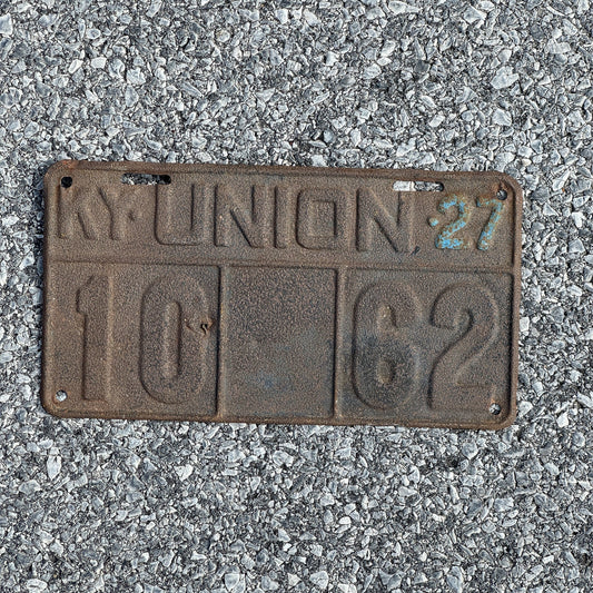 Photo of a 1927 Kentucky License Plate Auto Tag Garage Decor Vintage Union County 10 62