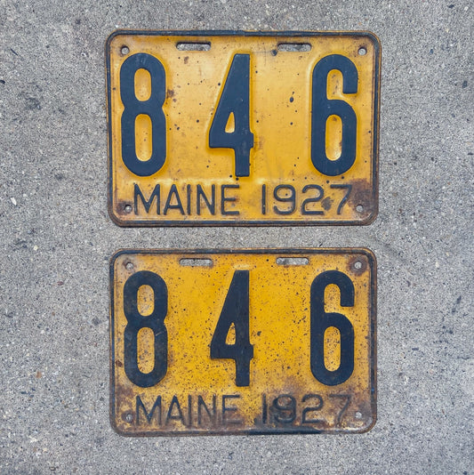 Photo of a 1927 Maine License Plate Pair Auto Tag Garage Decor Vintage Low Number Three Digit 846 with original patina