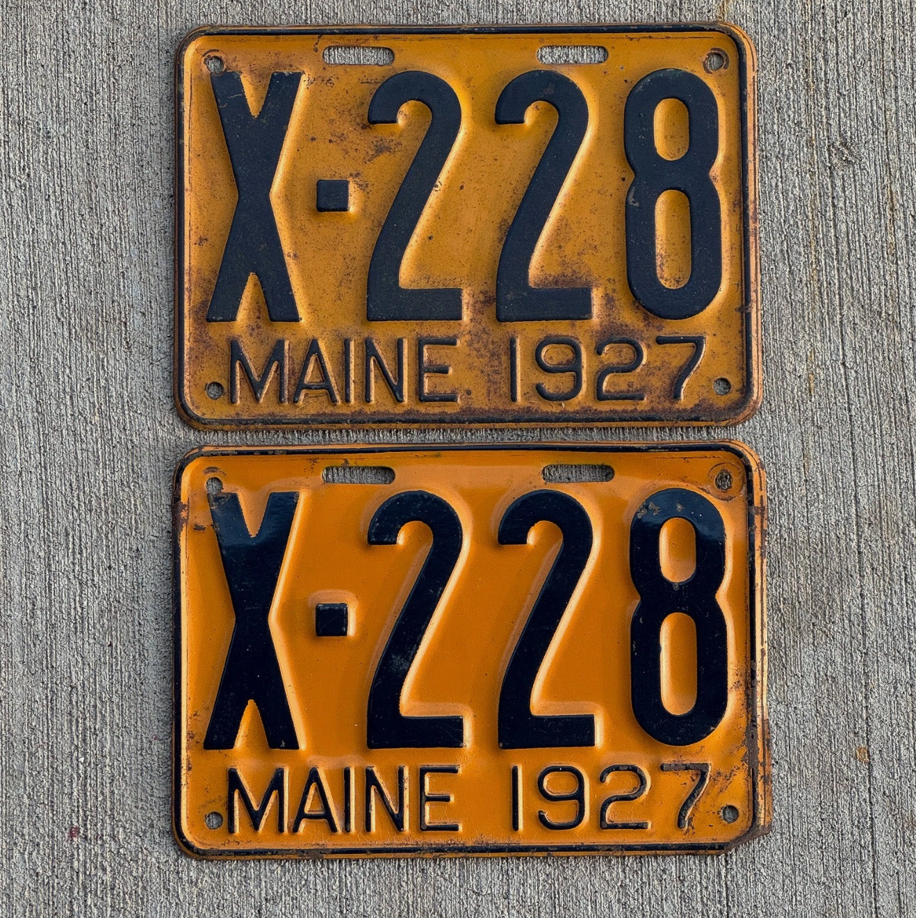Photo of a 1927 Maine Truck License Plate Pair Auto Tag Garage Decor Vintage Low Number Three Digit X 228 with original patina