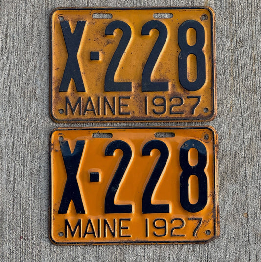 Photo of a 1927 Maine Truck License Plate Pair Auto Tag Garage Decor Vintage Low Number Three Digit X 228 with original patina