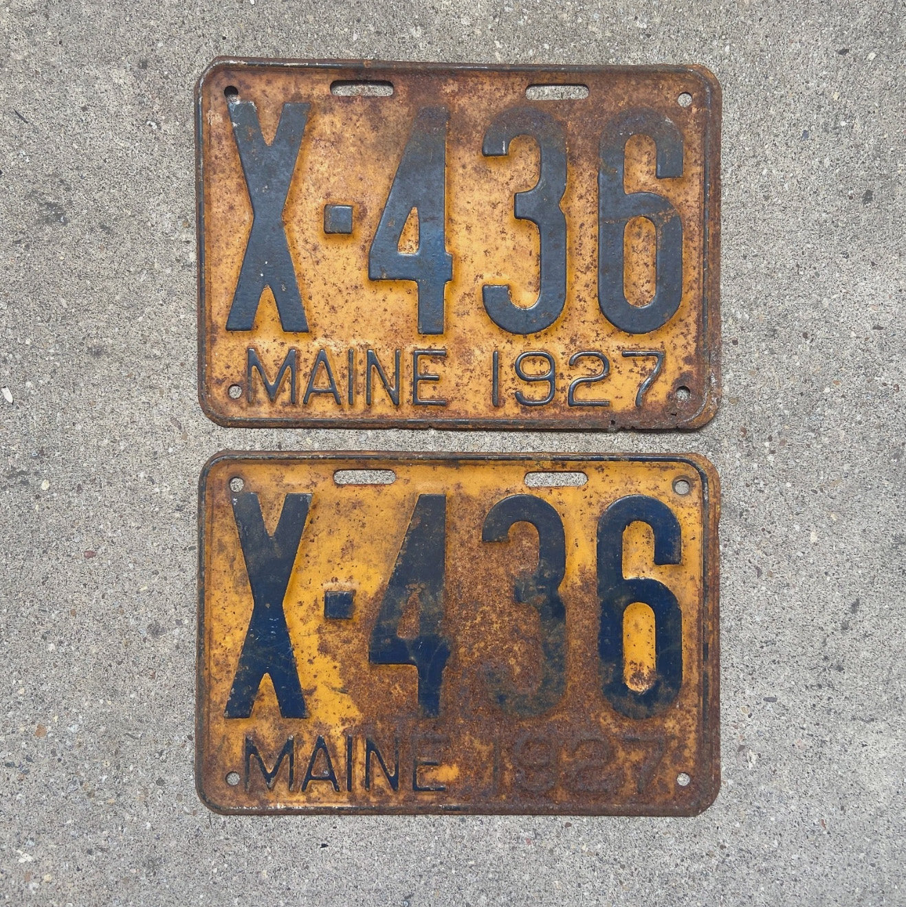 Photo of a 1927 Maine Truck License Plate Pair Auto Tag Garage Decor Vintage Low Number Three Digit X 436 with original patina