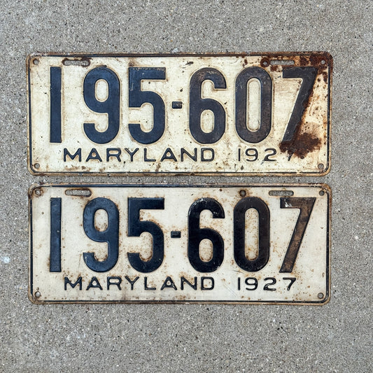Photo of a 1927 Maryland License Plate Pair Auto Tag Garage Decor Vintage 195 607 with original patina