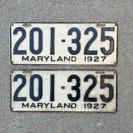 Photo of a 1927 Maryland License Plate Pair Auto Tag Garage Decor Vintage 201 325 with original patina