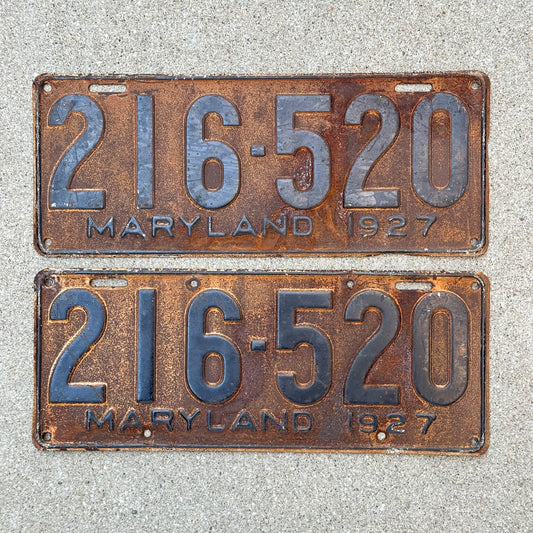 Photo of a 1927 Maryland License Plate Pair Auto Tag Garage Decor Vintage 216 520 with original patina