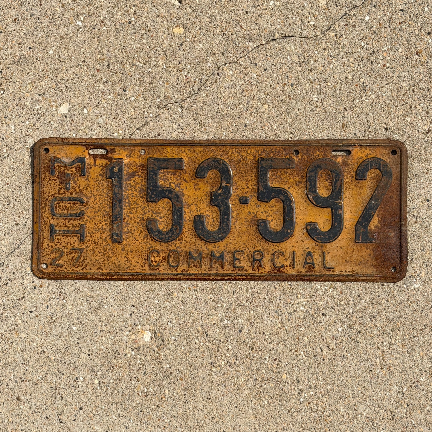 Photo of a 1927 Michigan Commercial License Plate Auto Tag 2 Vintage Garage 153 592 with original patina