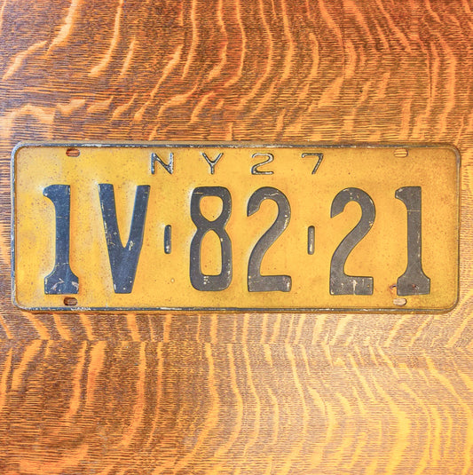 Photo of a 1927 New York License Plate Auto Tag Garage Decor Vintage 1V 82 21 with original patina