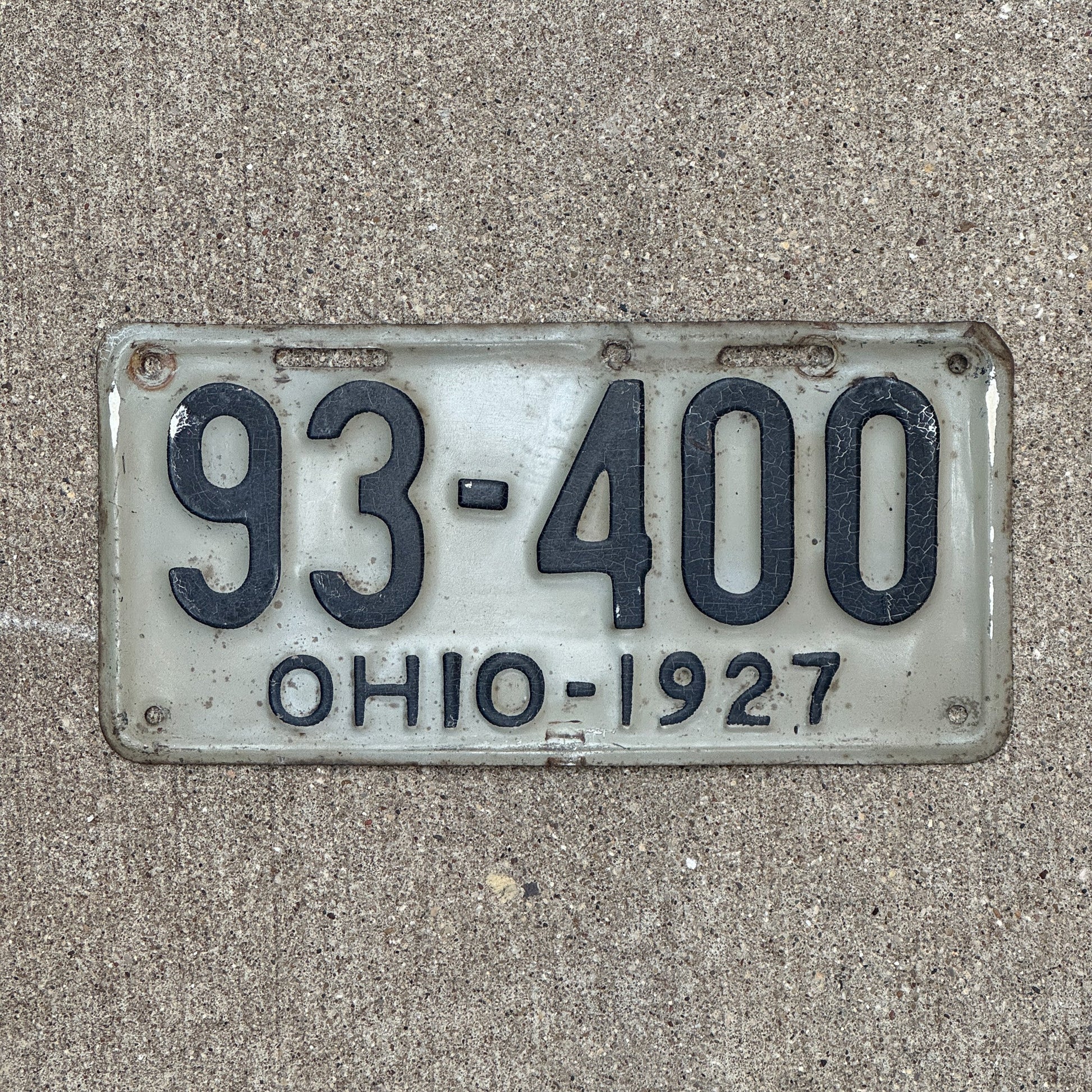 Photo of a 1927 Ohio License Plate Auto Tag Garage Decor Vintage 93 400 with original patina