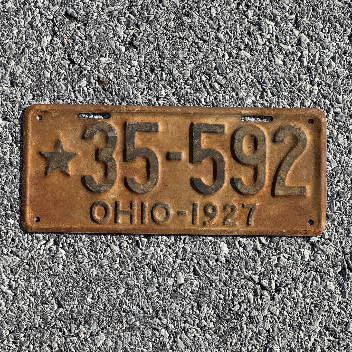 Photo of a 1927 Ohio License Plate Auto Tag Garage Decor Vintage Overflow Series Star Prefix 35 592