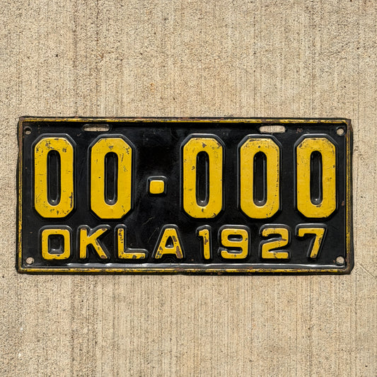 Photo of a 1927 Oklahoma Sample License Plate Auto Tag Garage Decor Vintage 00 000 with original patina