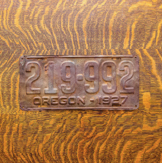 Photo of a 1927 Oregon License Plate Auto Tag Garage Decor Vintage 219 992 with original patina