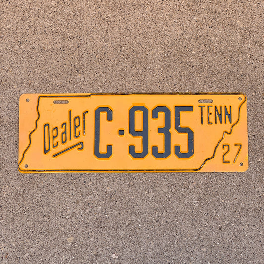 Photo of a 1927 Tennessee Dealer License Plate Auto Tag Garage Decor Vintage State Shape C 935