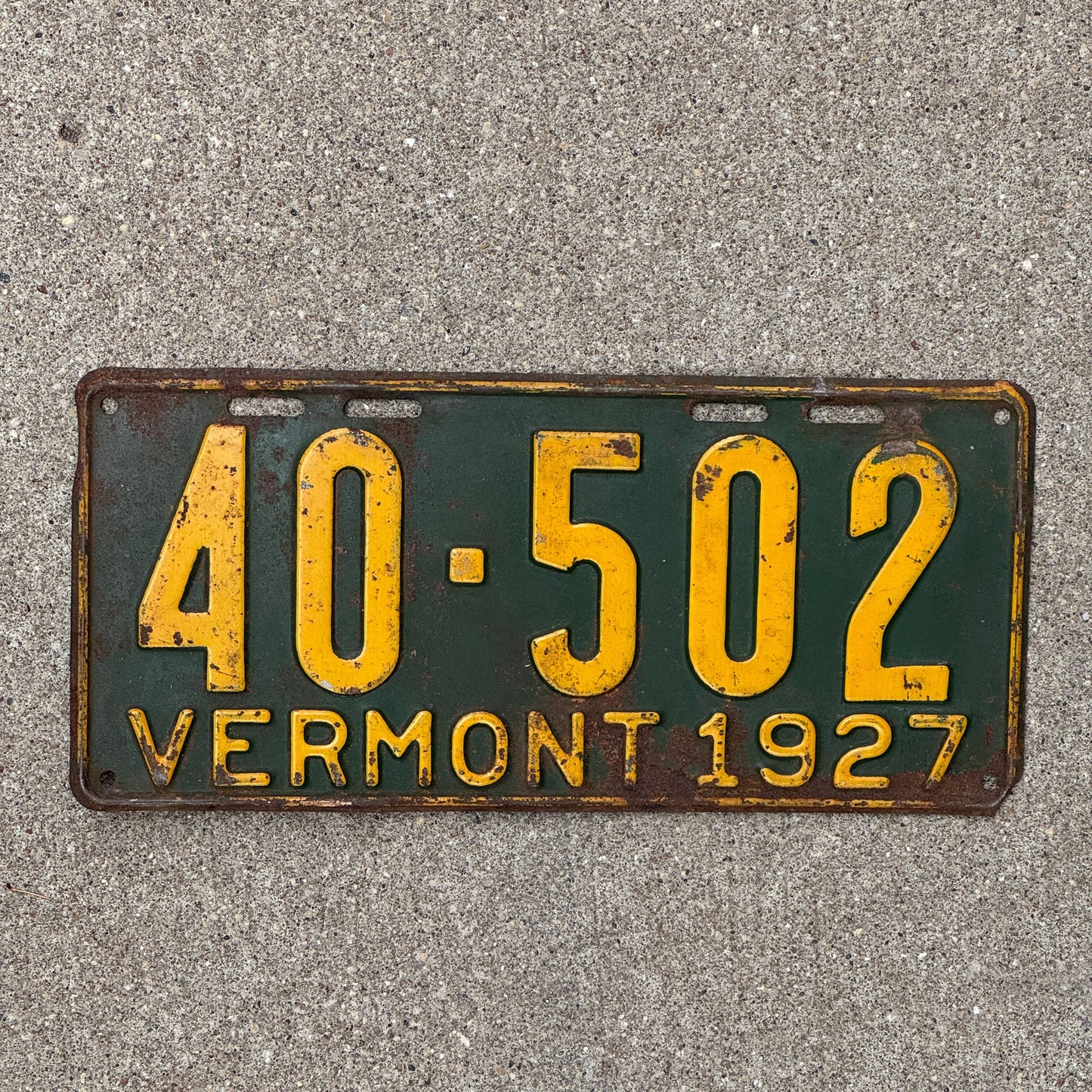 Photo of a 1927 Vermont License Plate Auto Tag Garage Decor Vintage 40 502 with original patina