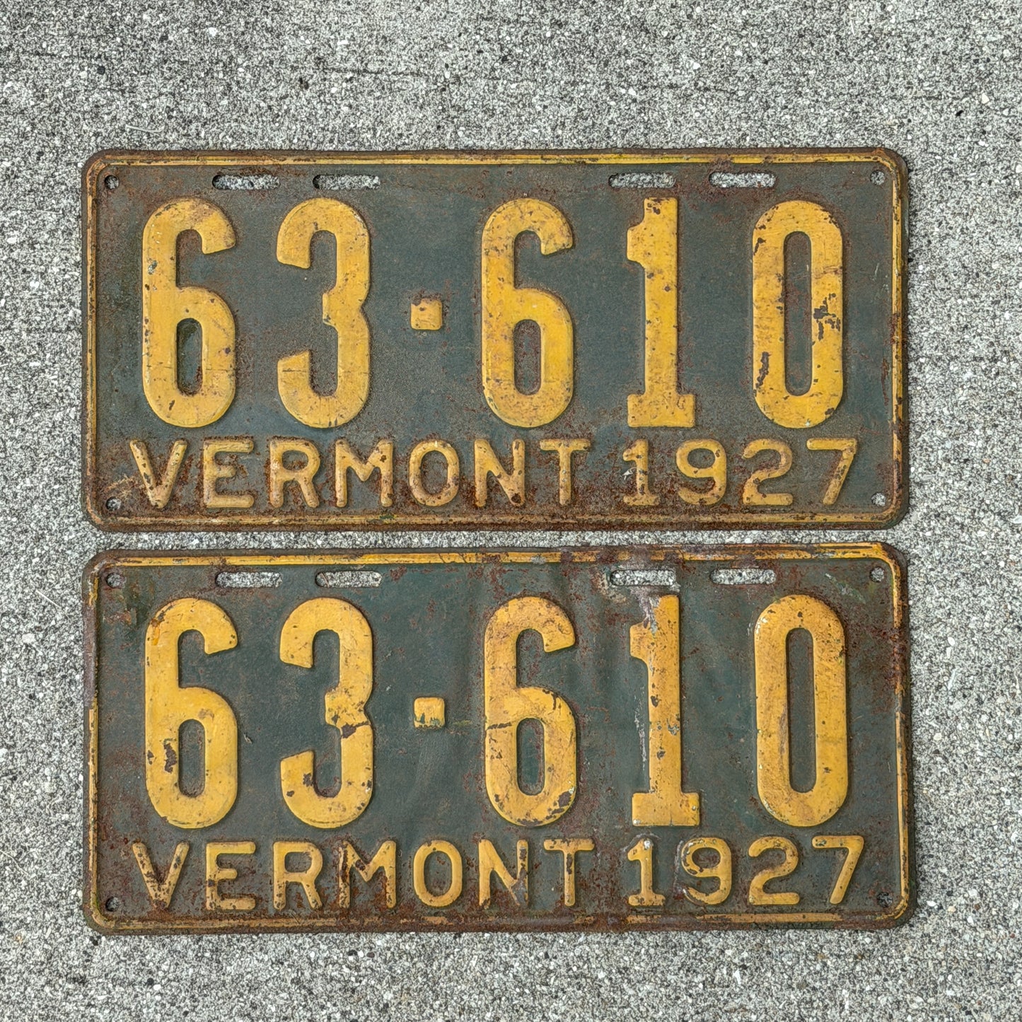 Photo of a 1927 Vermont License Plate Pair Auto Tag Garage Decor Vintage 63 610 with original patina