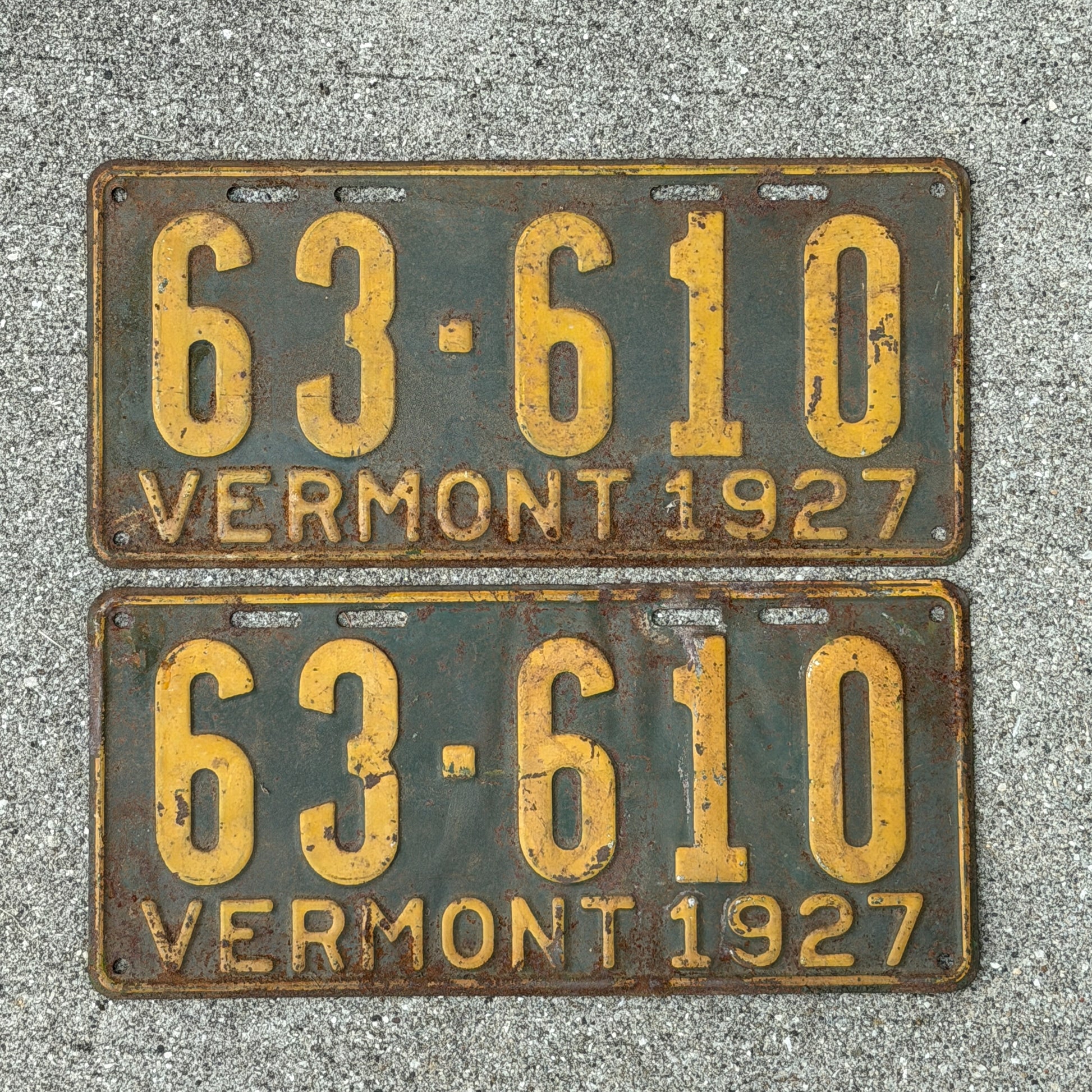 Photo of a 1927 Vermont License Plate Pair Auto Tag Garage Decor Vintage 63 610 with original patina