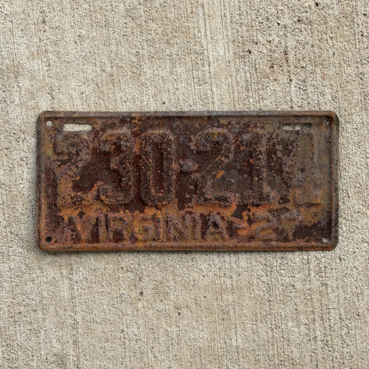 Photo of a 1927 Virginia License Plate Auto Tag Garage Decor Vintage 230 214 with original patina
