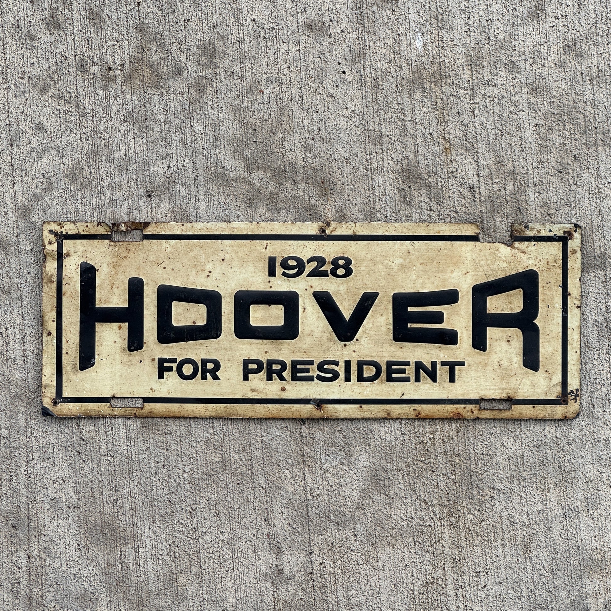 Photo of a 1928 1933 Hoover President License Plate Topper Auto Tag Garage Decor Vintage US Political Politics USA with original patina