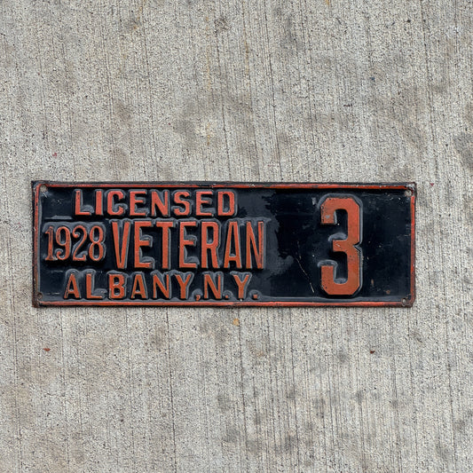 Photo of a 1928 Albany New York Veteran License Plate Topper Auto Tag Garage Decor Vintage 3 with original patina