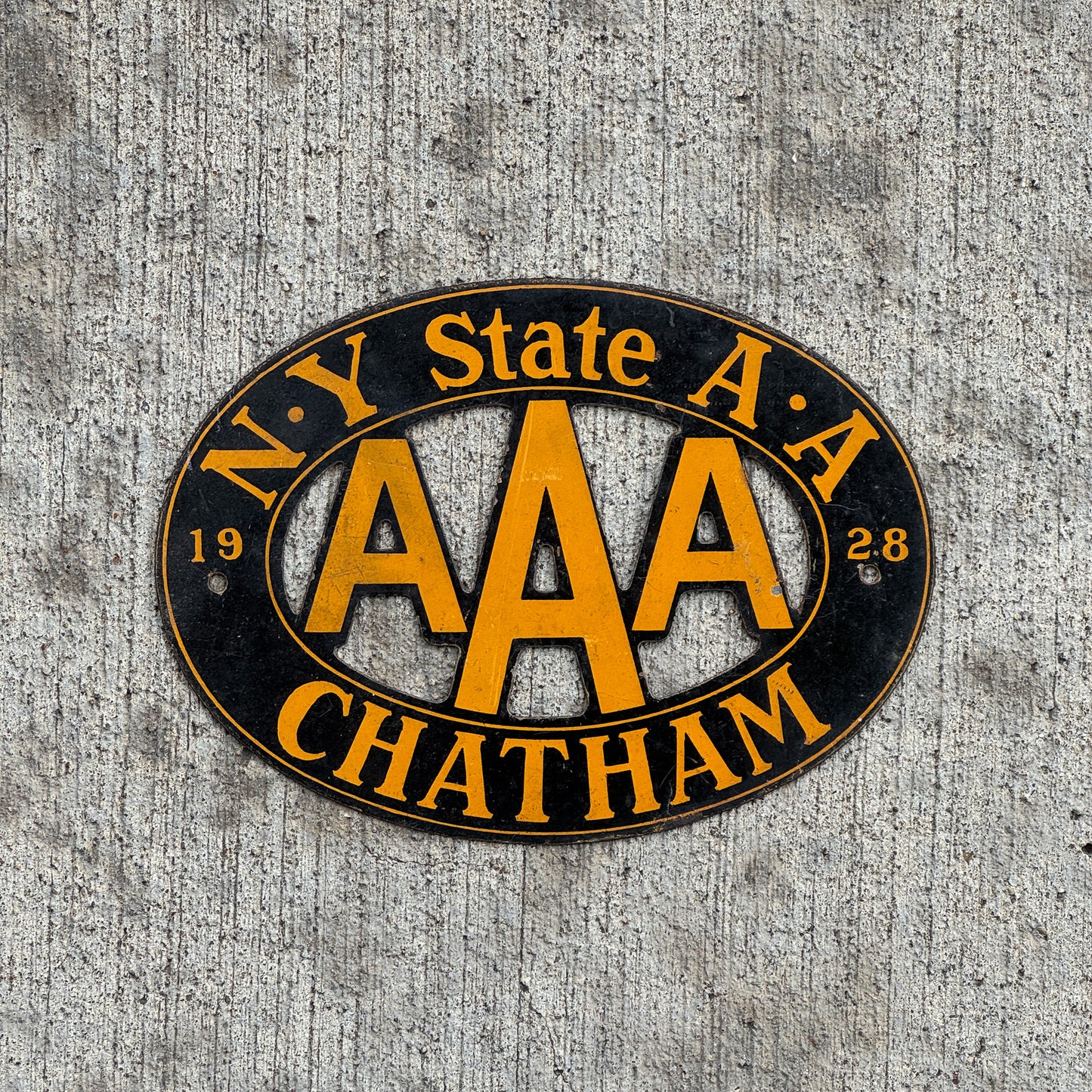 Photo of a 1928 Chatham New York Badge Emblem License Plate Topper Auto Tag Garage Decor Vintage AAA with original patina