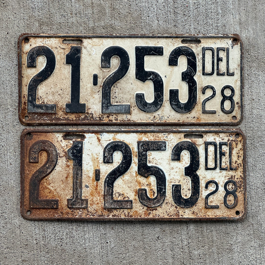 Photo of a 1928 Delaware License Plate Pair Auto Tag Garage Decor Vintage Ford Model A Year 21 253 with original patina