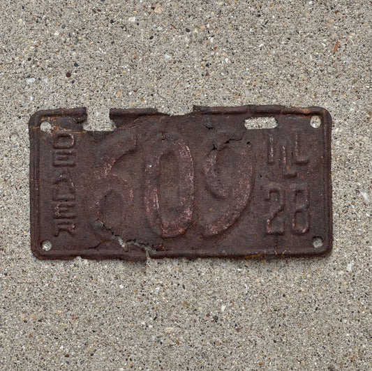 Photo of a 1928 Illinois Dealer License Plate Auto Tag Garage Decor Vintage Low Number Three Digit 609 with original patina