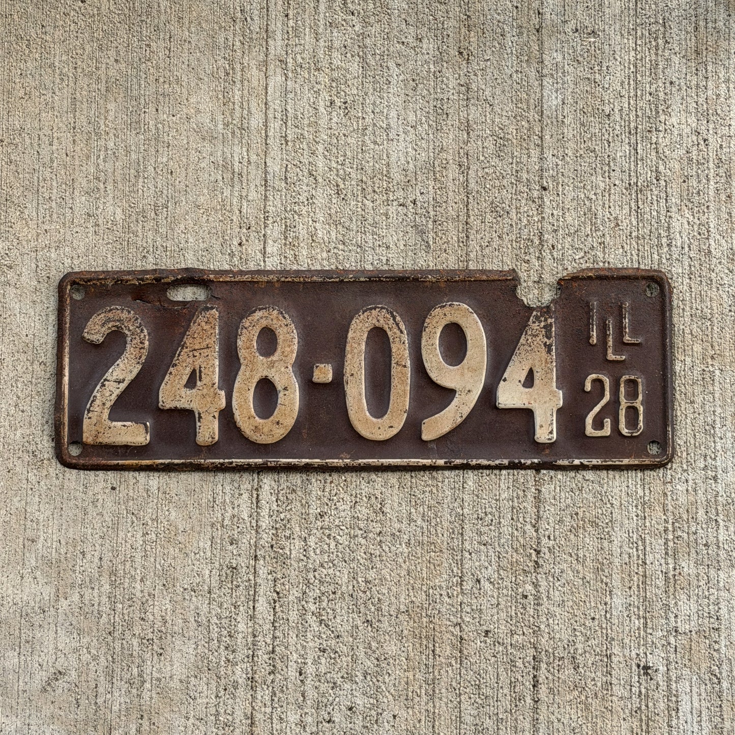 Photo of a 1928 Illinois License Plate Auto Tag Garage Decor Vintage Ford Model A Year 248 094 with original patina
