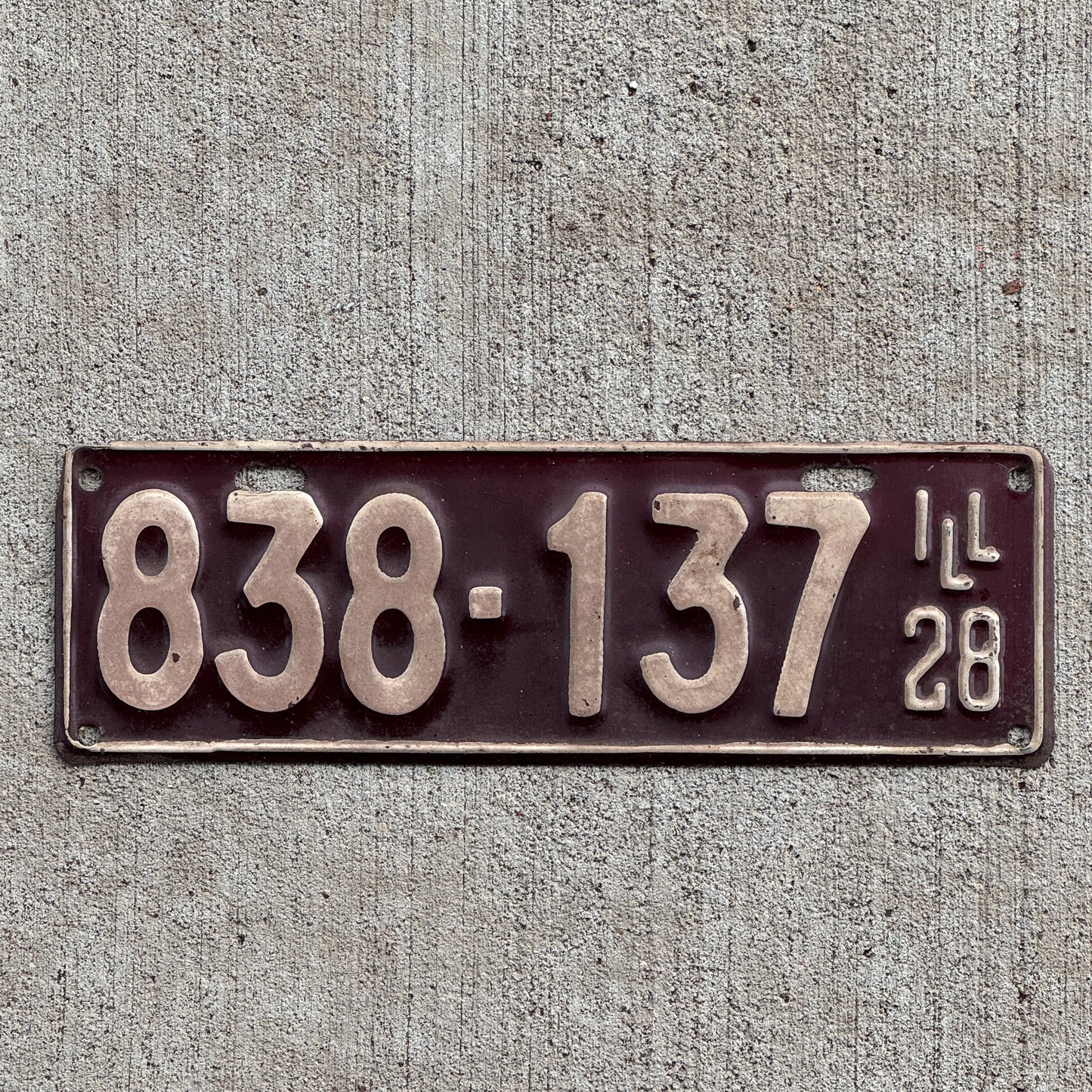 Photo of a 1928 Illinois License Plate Auto Tag Garage Decor Vintage Ford Model A Year 838 137 with original patina