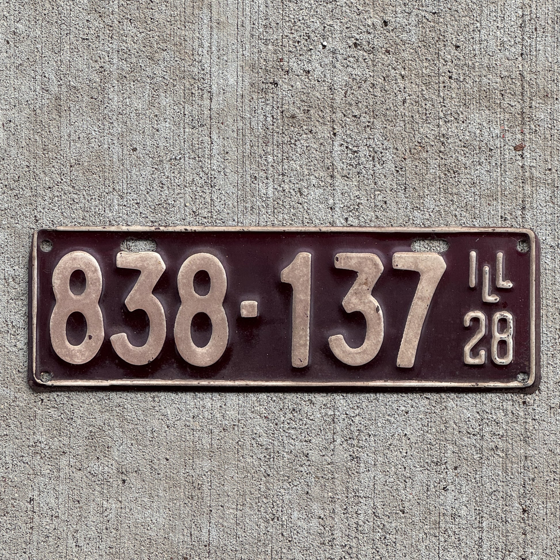 Photo of a 1928 Illinois License Plate Auto Tag Garage Decor Vintage Ford Model A Year 838 137 with original patina