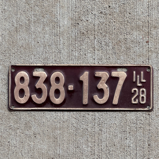 Photo of a 1928 Illinois License Plate Auto Tag Garage Decor Vintage Ford Model A Year 838 137 with original patina