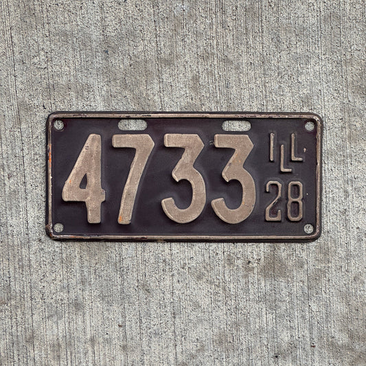 Photo of a 1928 Illinois License Plate Auto Tag Garage Decor Vintage Low Number Four Digit 4733 with original patina