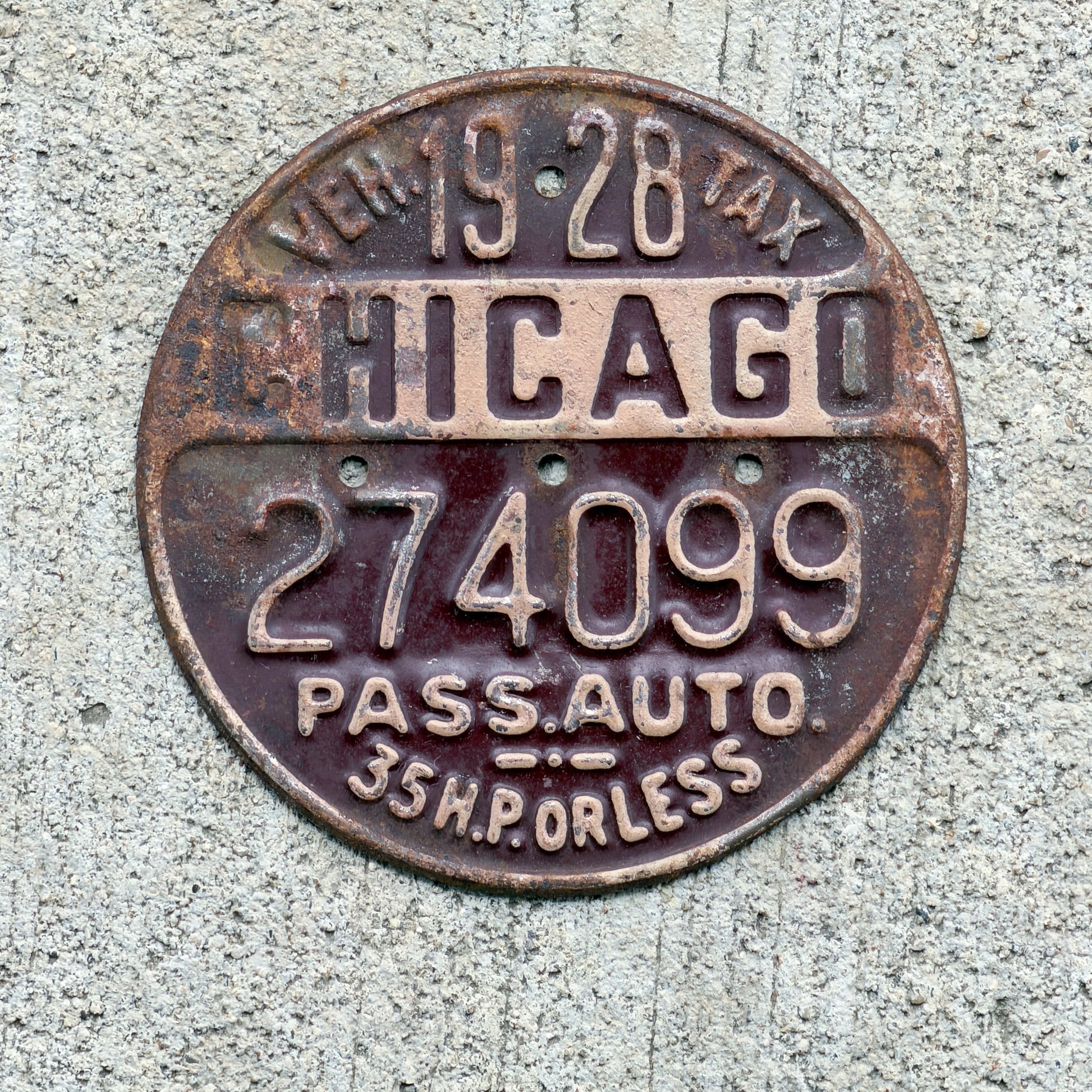 Photo of a 1928 Illinois Tax Tag License Plate Auto Tag Garage Decor Vintage 274099 with original patina
