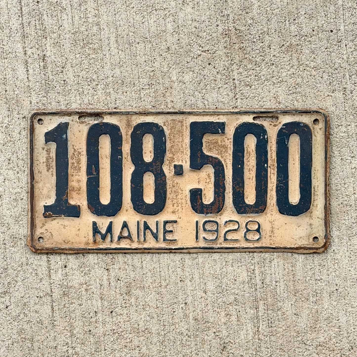 Photo of a 1928 Maine License Plate Auto Tag Garage Decor Vintage 108 500 with original patina